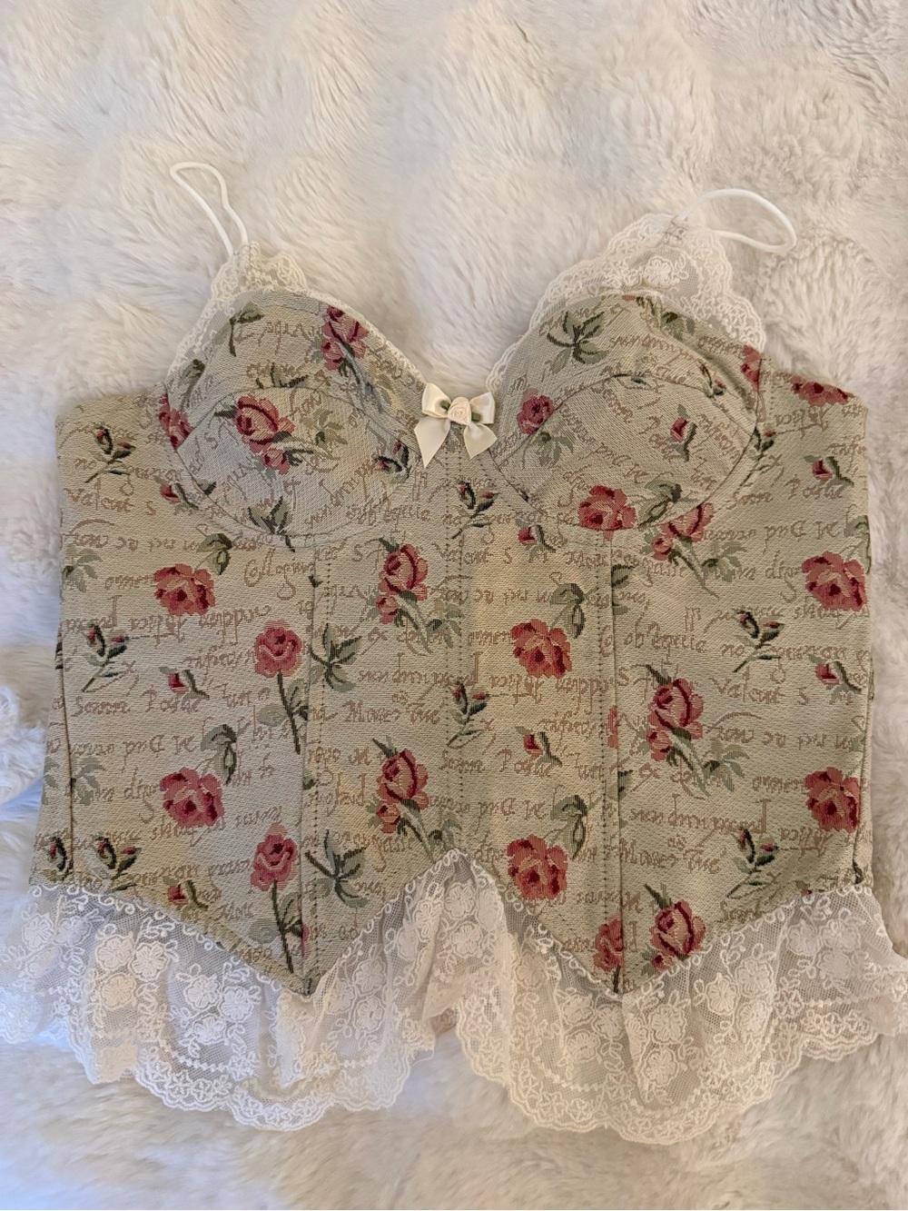 Floral Lace Trim Bustier Top - Cream with Pink Roses